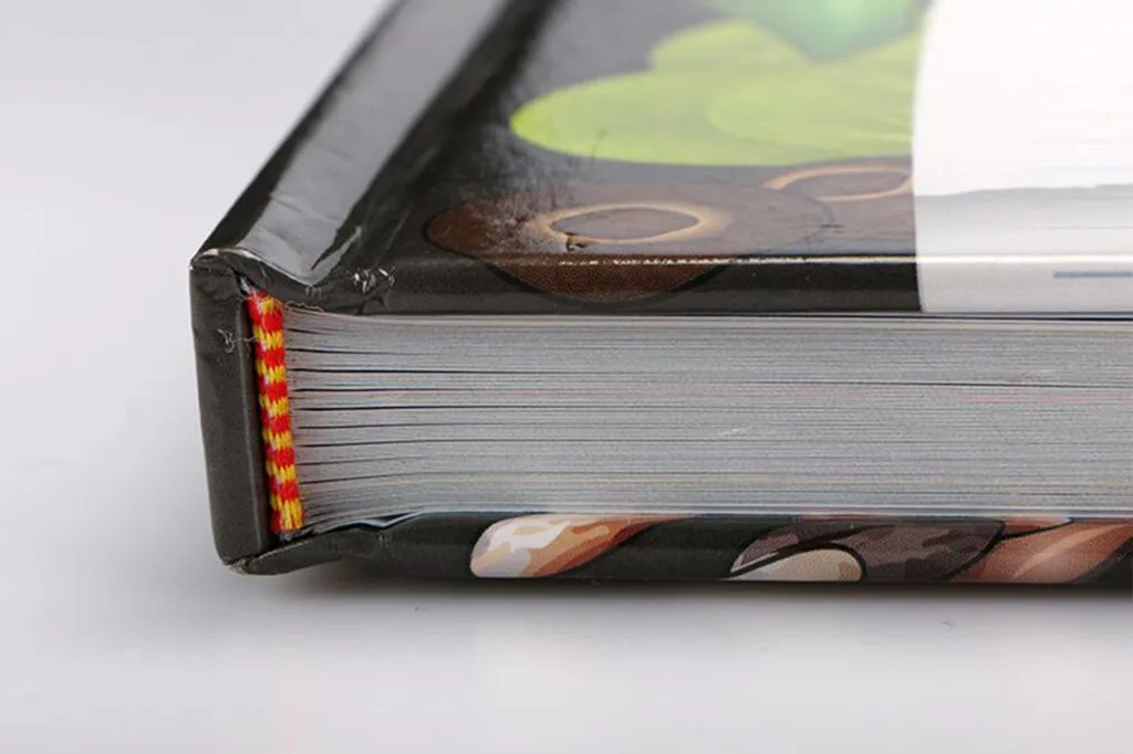 Hardcover binding, book spine, endpaper, and surface finishing details