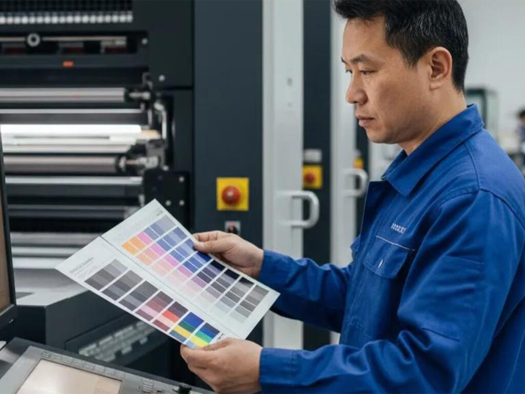 Técnico de impresión que revisa las pruebas de color de un libro y el aspecto del papel